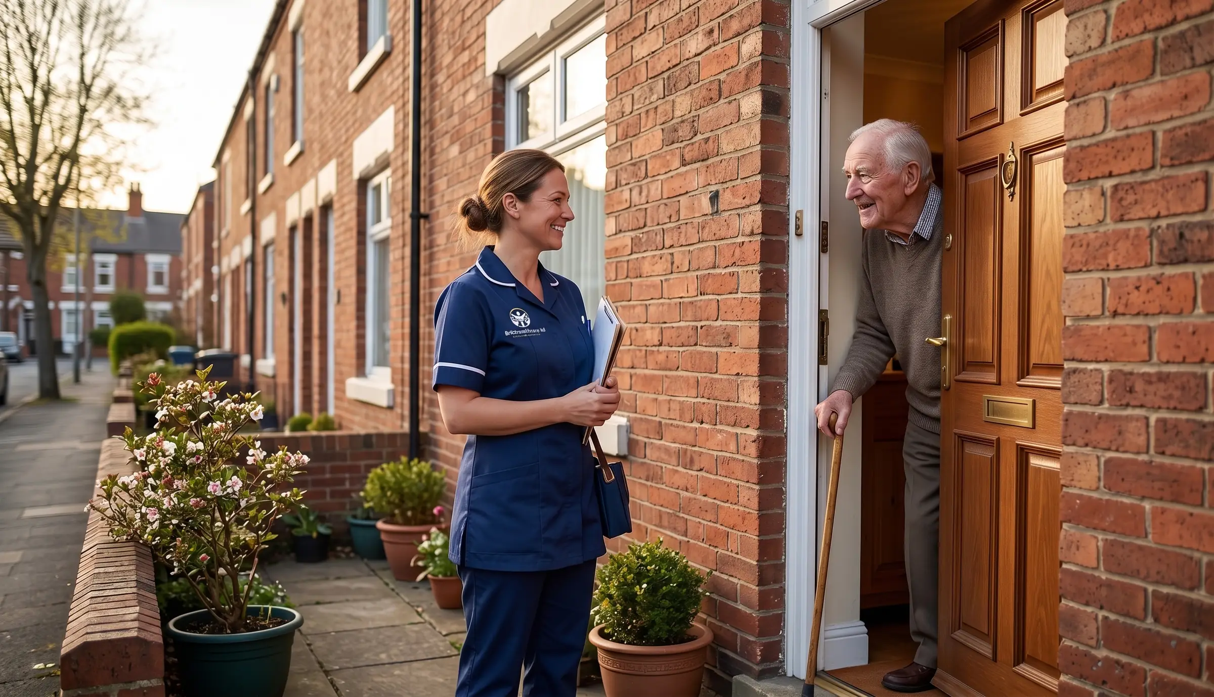 Britz Healthcare carer in navy uniform arriving for a home care visit at a house in Doncaster