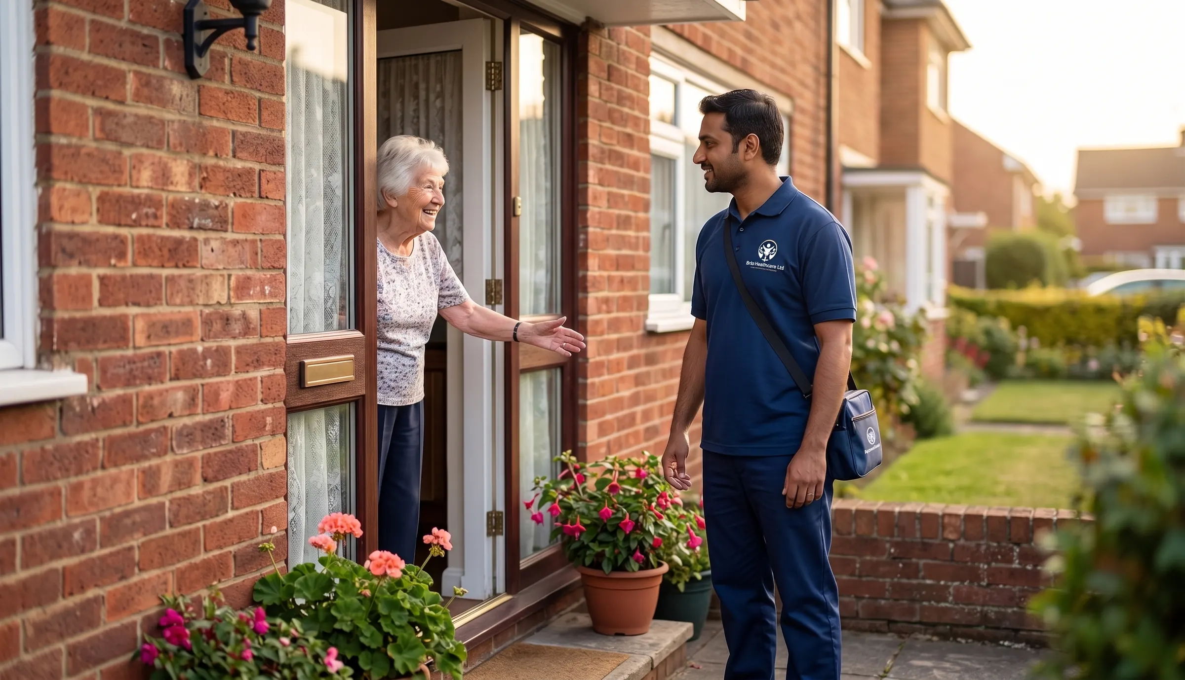 Britz Healthcare carer in navy uniform welcomed at the door for a home care visit in the Doncaster area