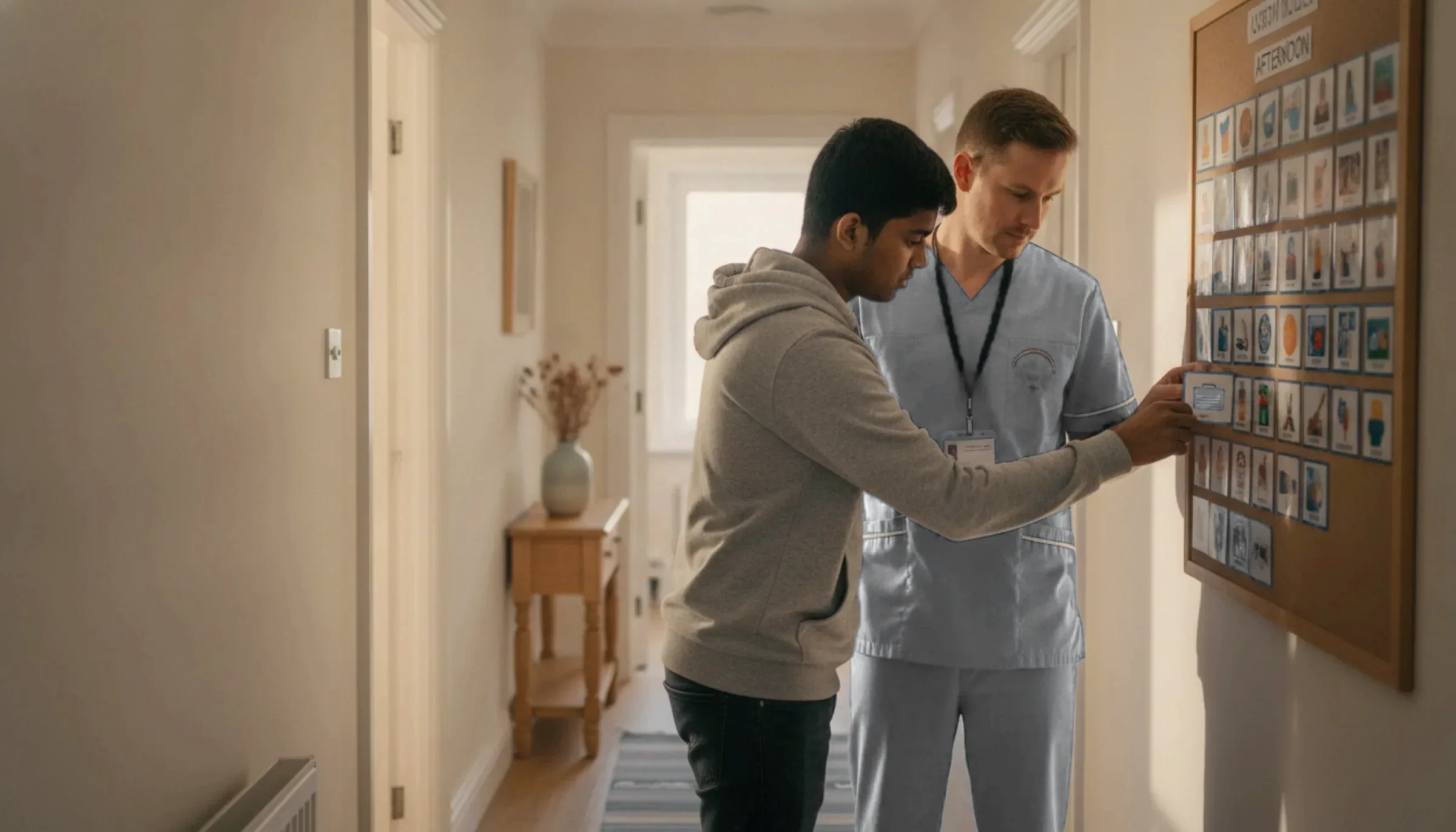 Britz Healthcare support worker in navy uniform using a visual schedule with a young autistic person at home in Doncaster