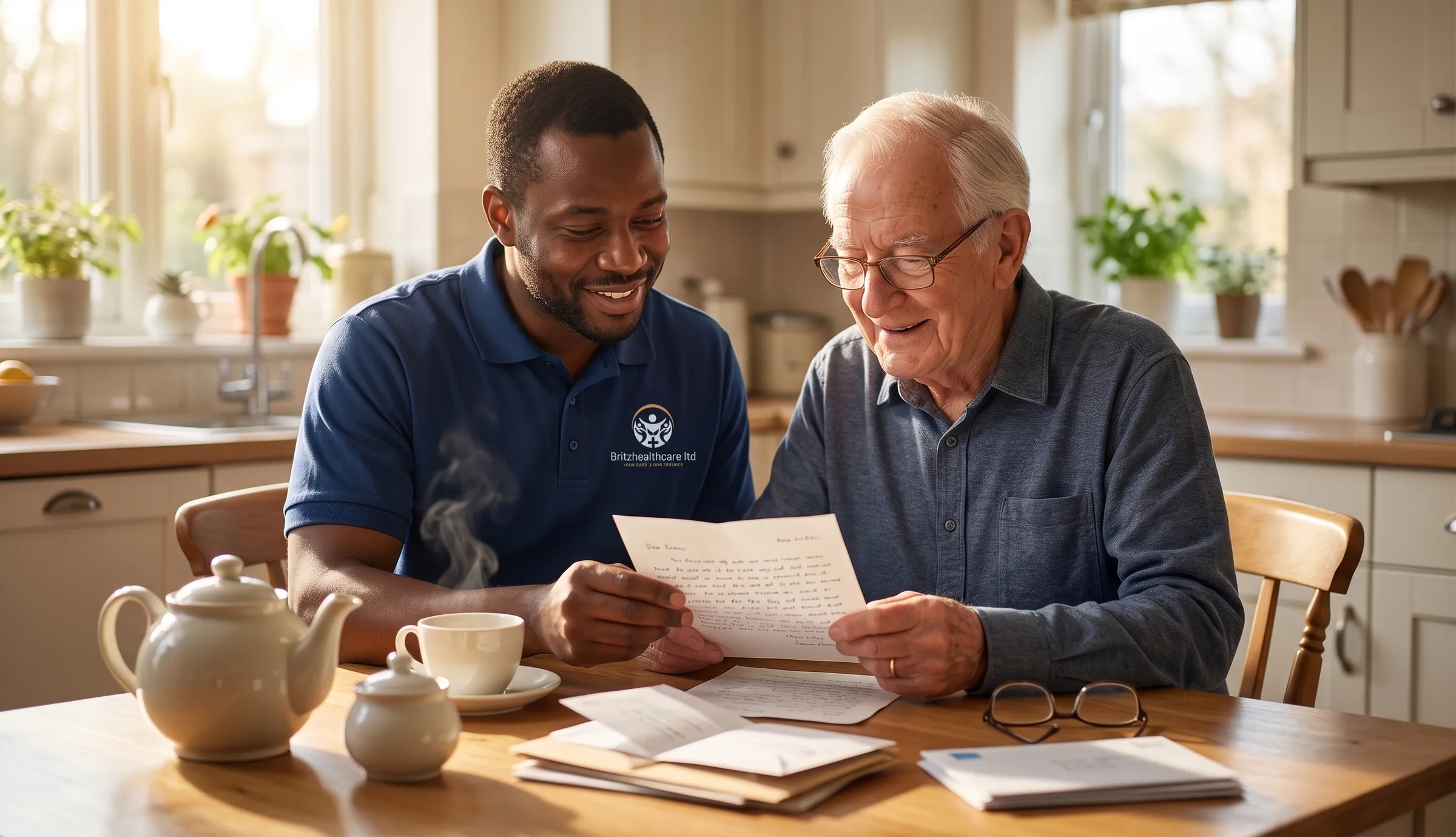 Britz Healthcare carer in navy uniform helping an elderly man read his post during a home care visit in Doncaster