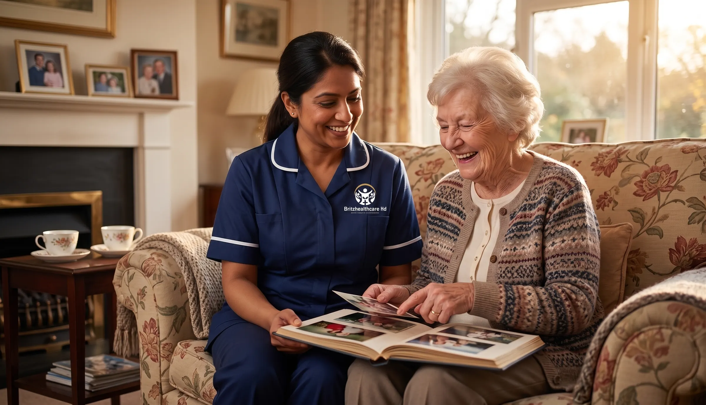 Britz Healthcare carer in navy uniform looking through photographs with an elderly woman during a companionship visit in Doncaster
