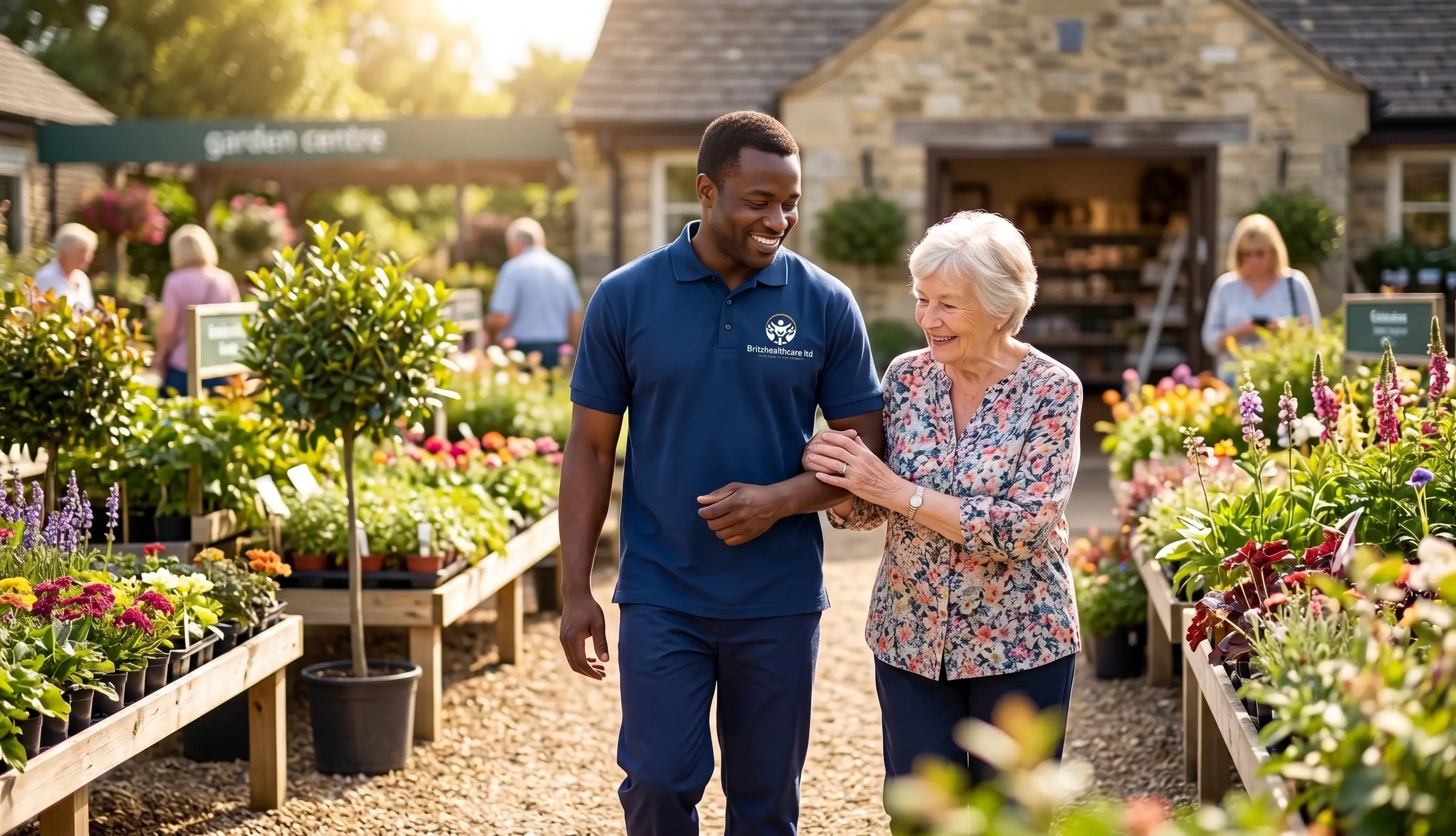 Britz Healthcare carer in navy uniform accompanying an elderly woman on an outing during companionship care in Doncaster