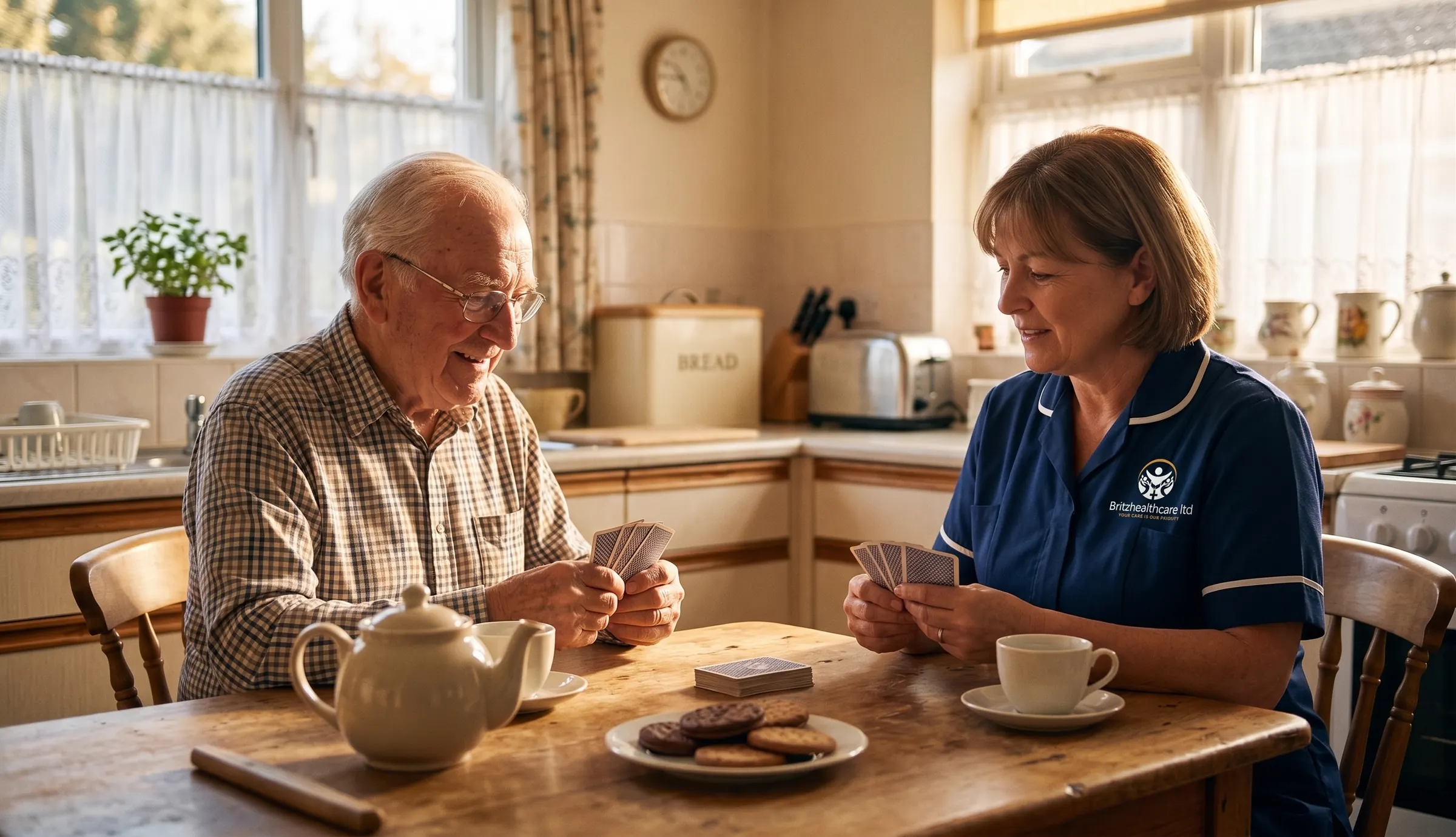 Britz Healthcare carer in navy uniform playing cards with an elderly man during a companionship visit in Doncaster