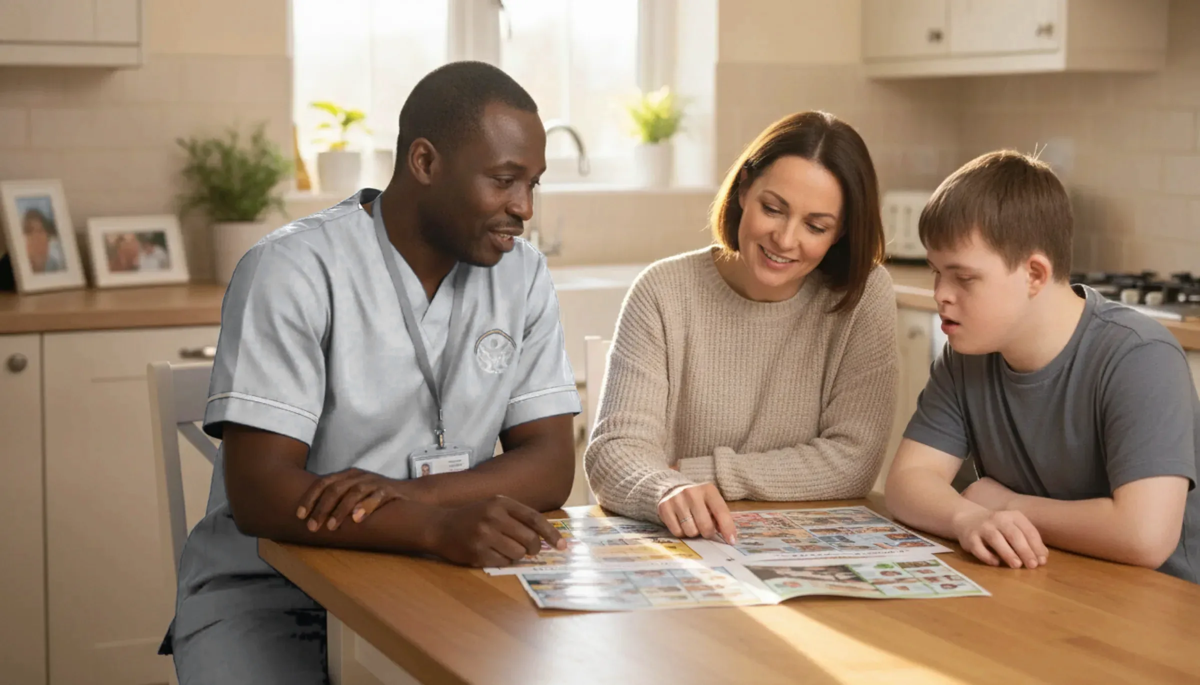 Britz Healthcare support worker in navy uniform planning support with a family around a kitchen table in Doncaster