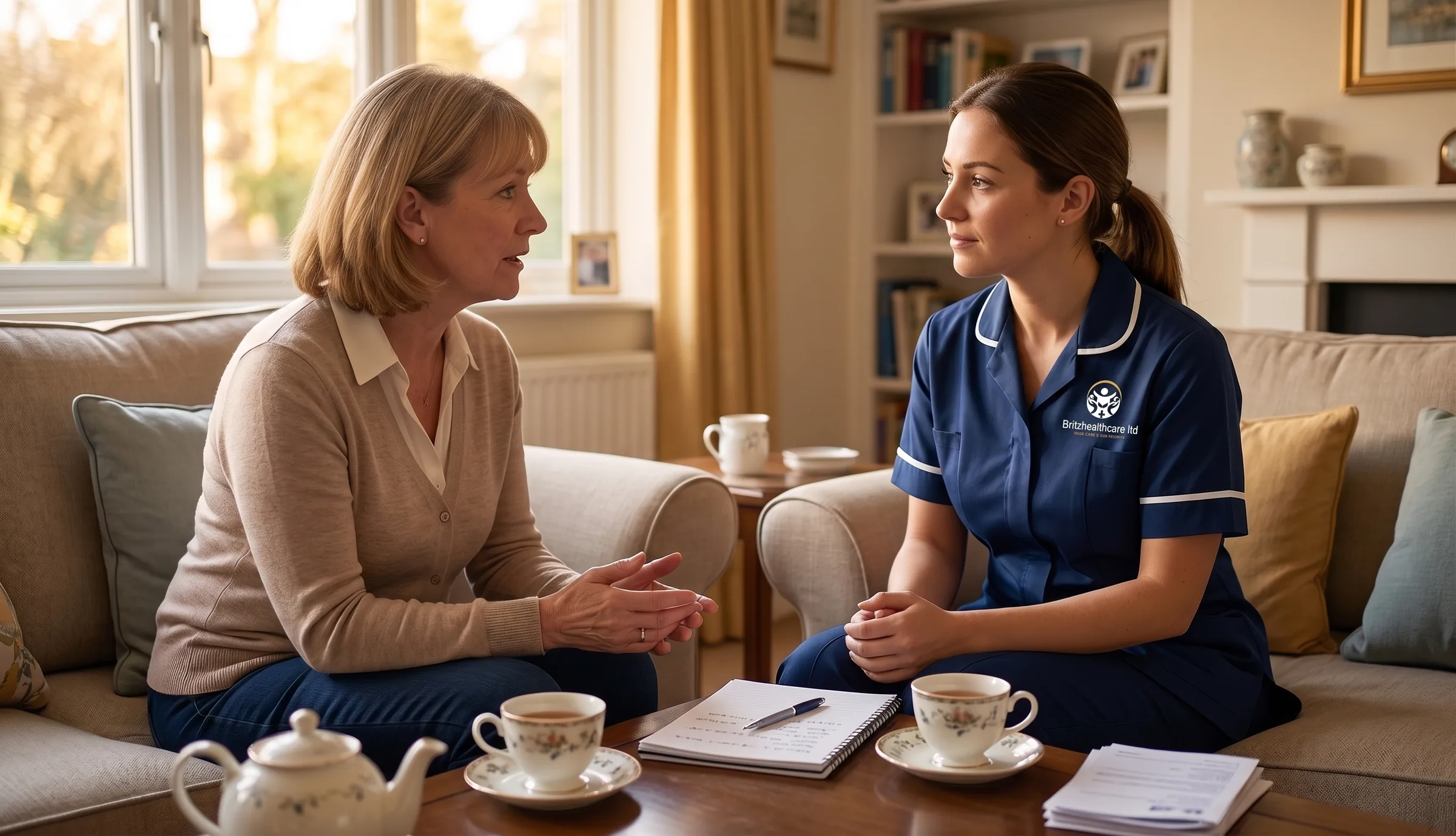 Britz Healthcare carer in navy uniform listening to a family member discuss home care needs in Doncaster