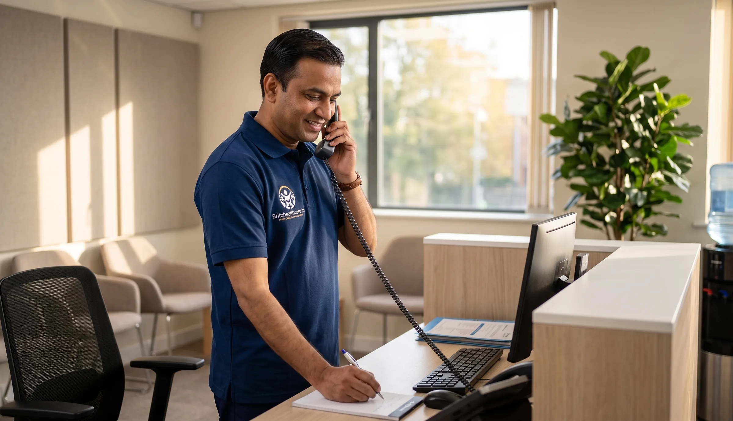 Britz Healthcare team member in navy uniform taking a home care enquiry call at the Doncaster office