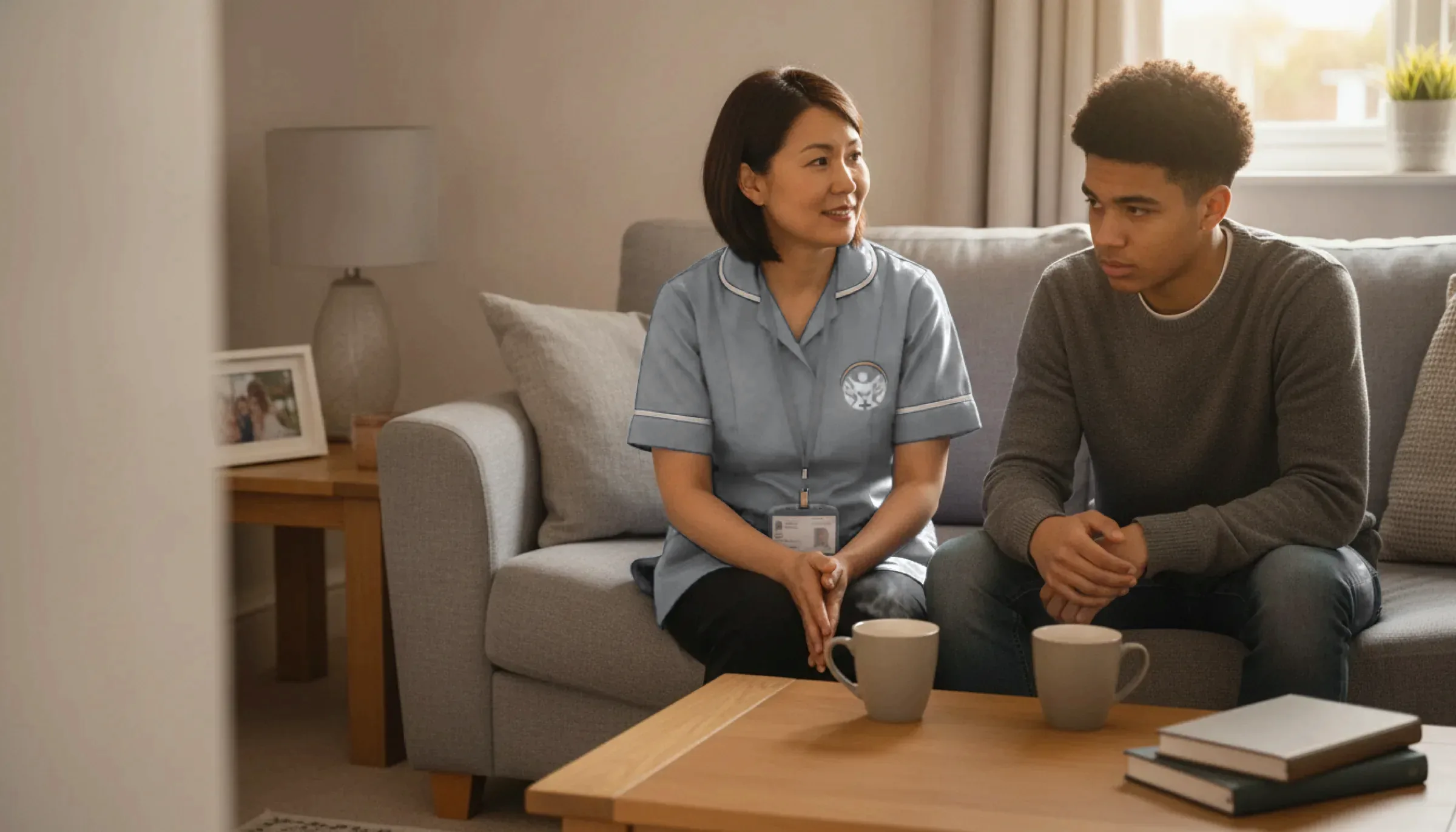 Britz Healthcare support worker in navy uniform having a calm conversation with a young person at home in Doncaster