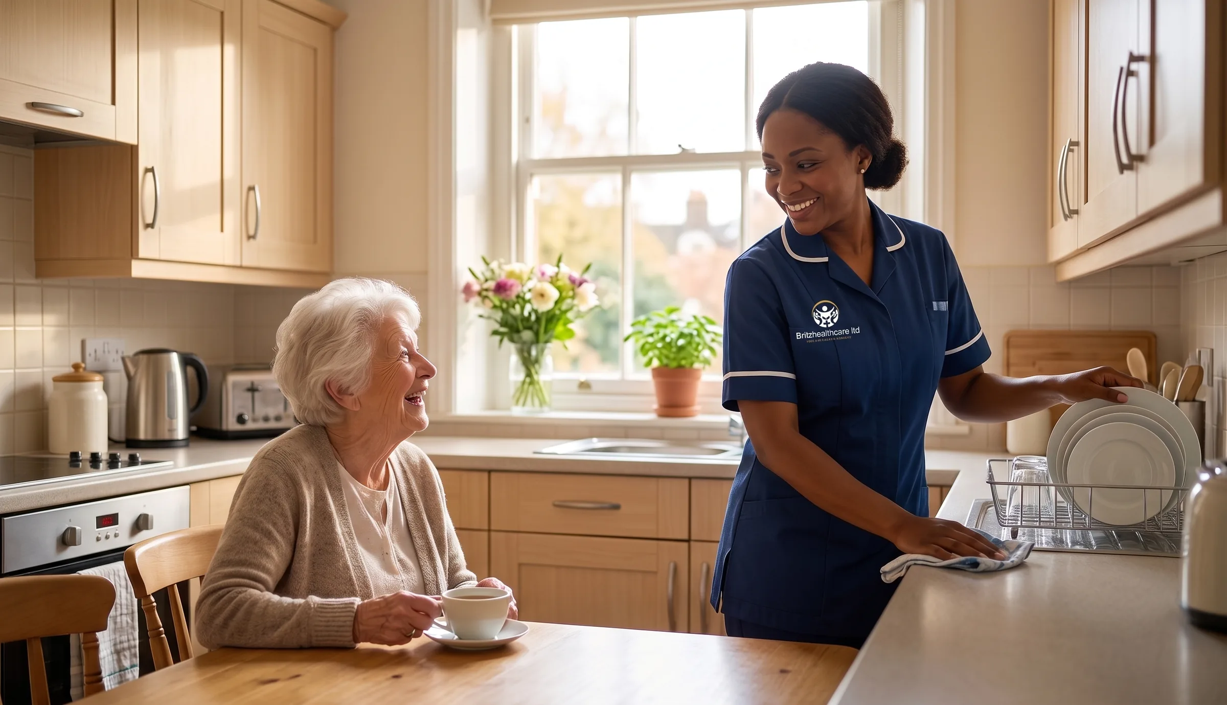Britz Healthcare carer in navy uniform tidying the kitchen during a home help visit for an elderly woman in Doncaster