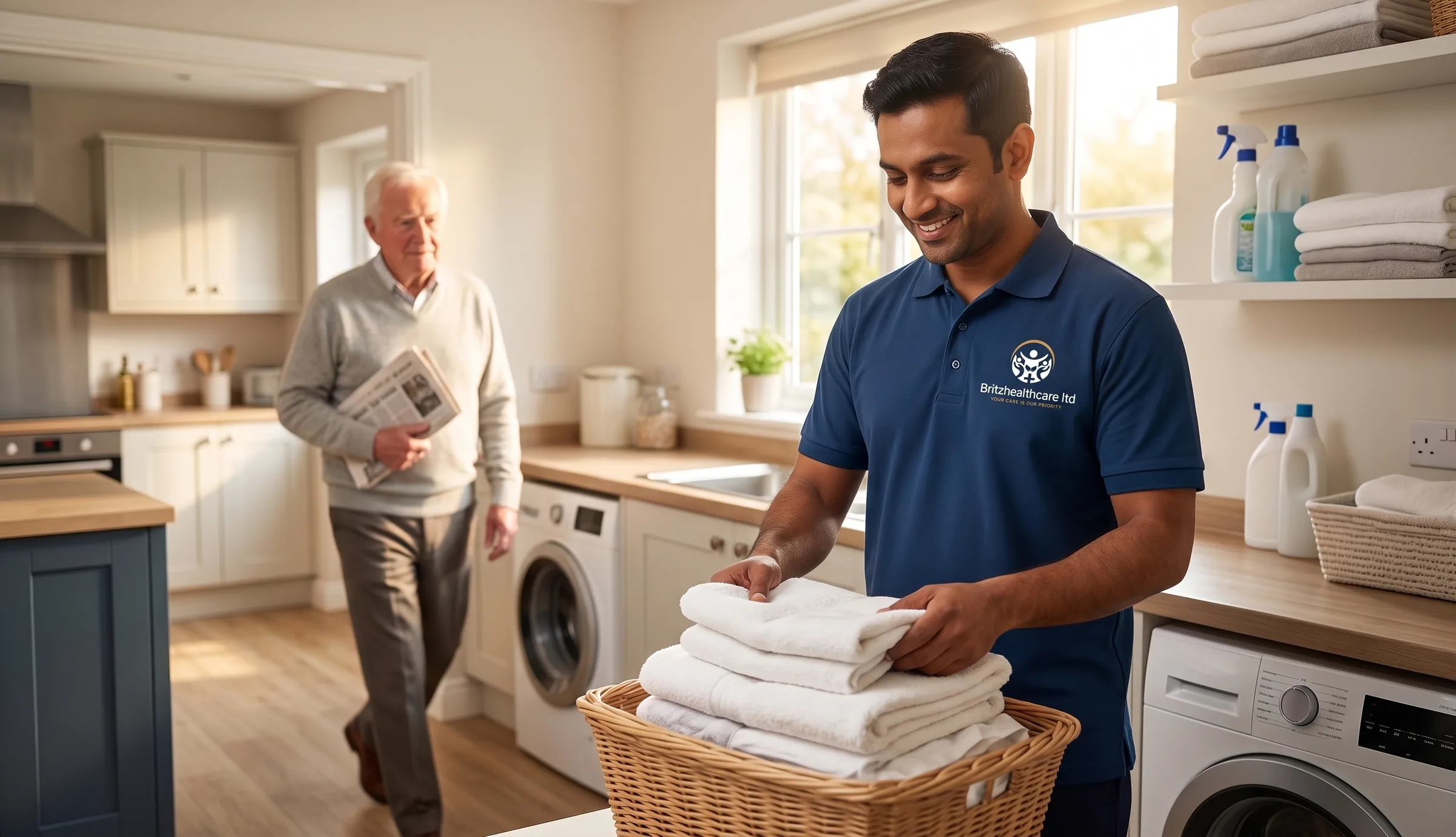 Britz Healthcare carer in navy uniform folding laundry during a housekeeping visit for an elderly man in Doncaster