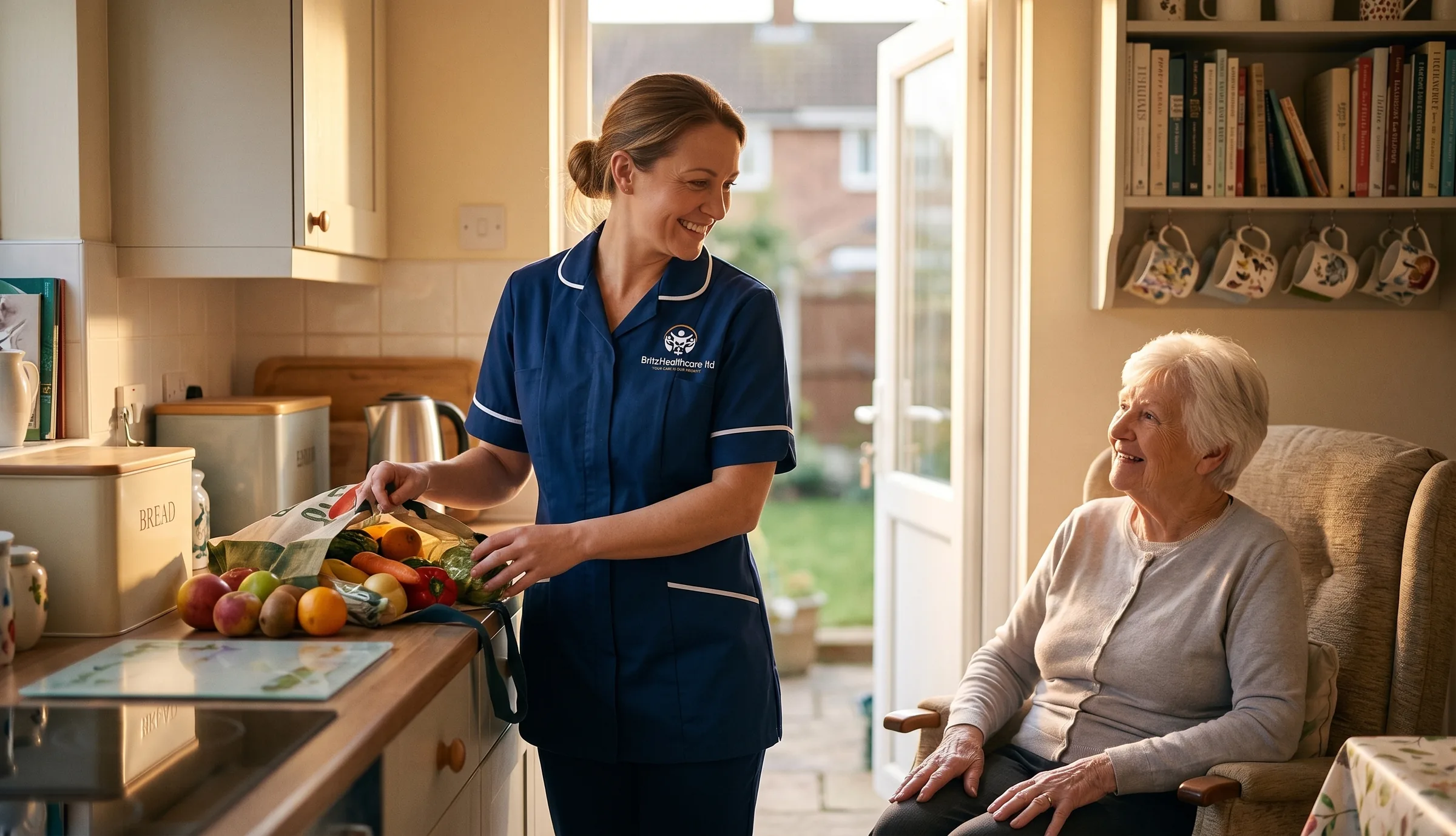 Britz Healthcare carer in navy uniform unpacking shopping for an elderly woman during a home help visit in Doncaster