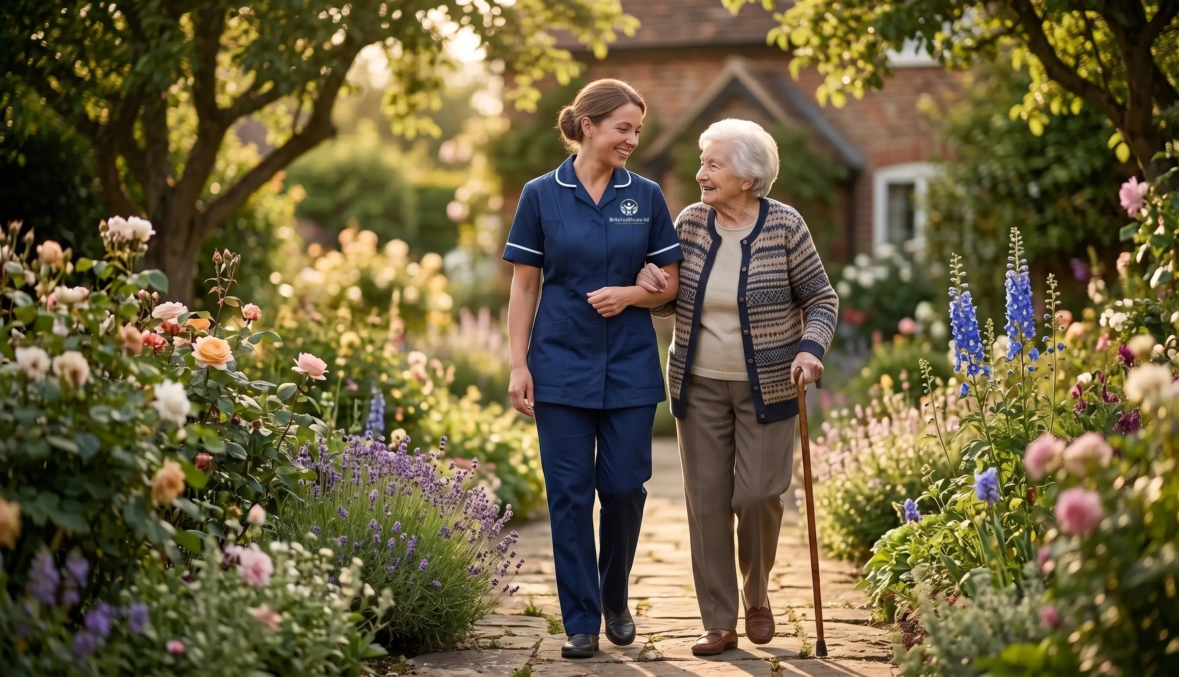Britz Healthcare carer in navy uniform walking arm in arm with an elderly woman in a garden during companionship care in Doncaster