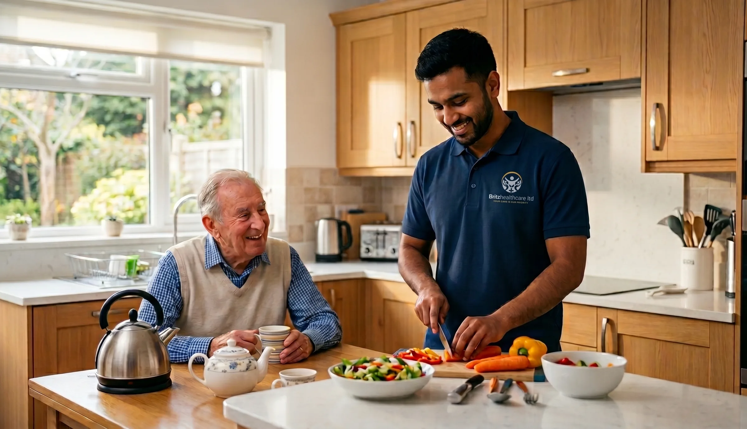 Britz Healthcare carer in navy uniform preparing a meal with an elderly man during a daily home care visit in Doncaster