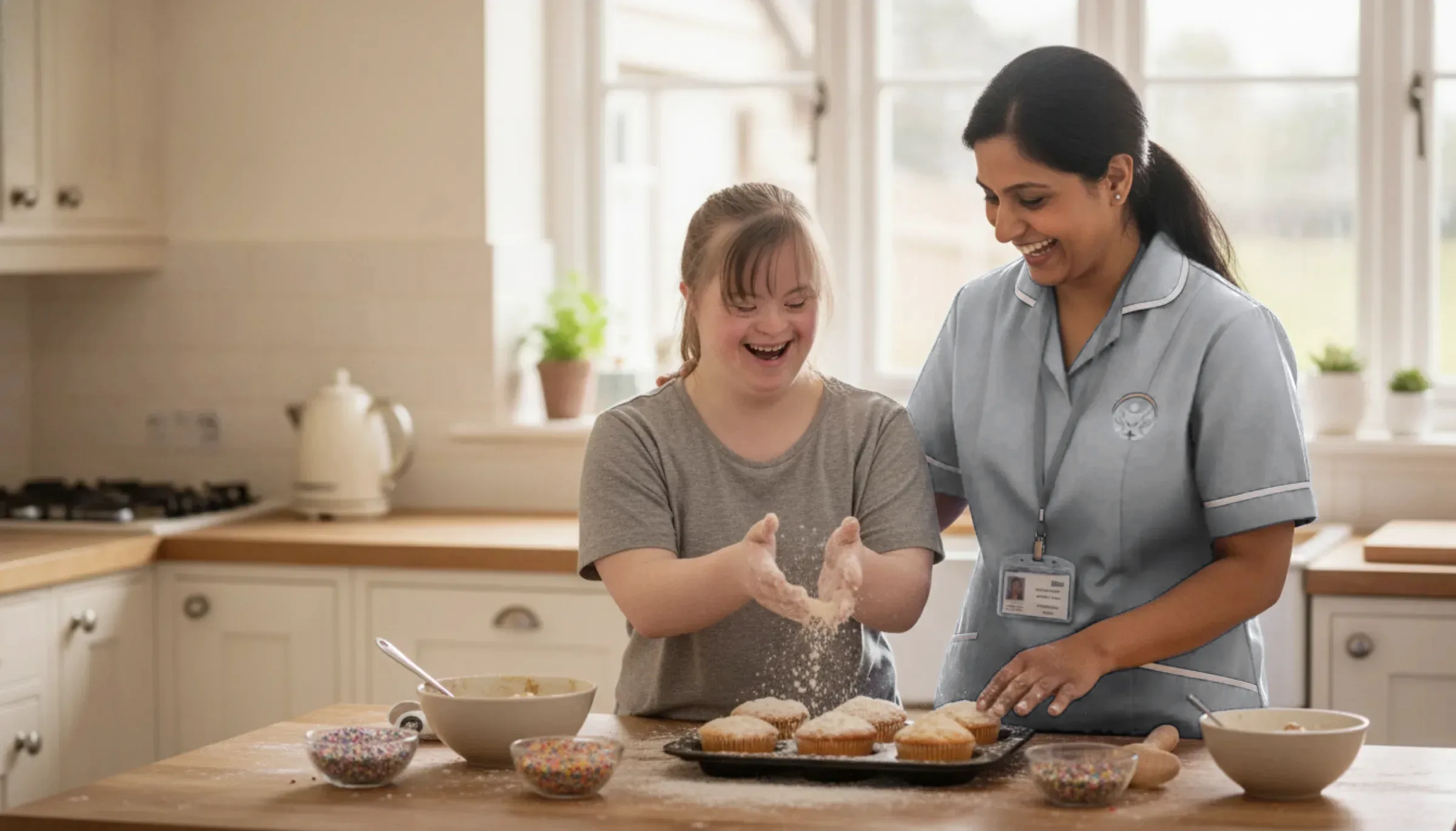 Britz Healthcare support worker in navy uniform baking with a young woman with a learning disability at home in Doncaster