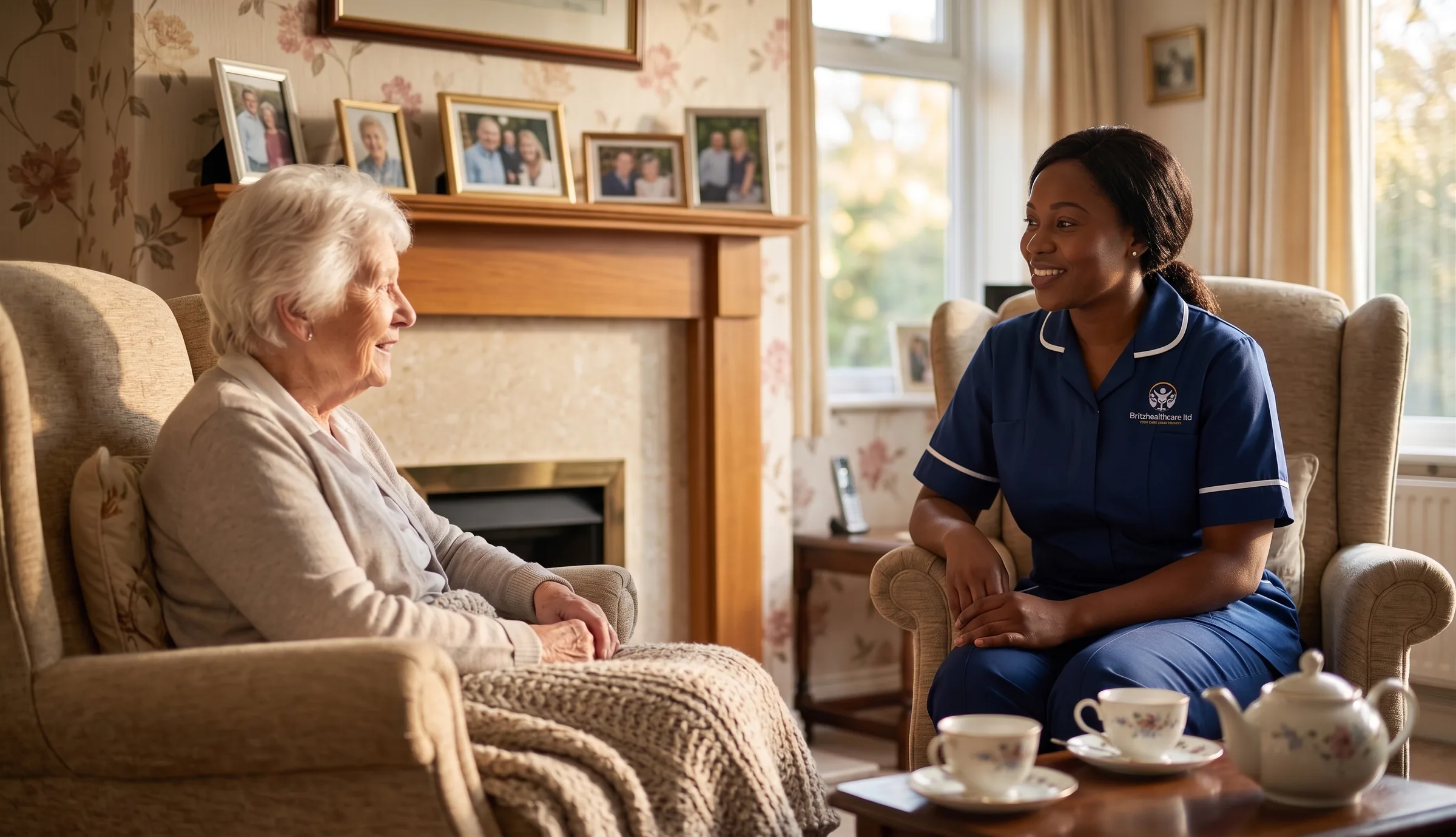 Britz Healthcare live-in carer in navy uniform relaxing and chatting with an elderly woman at home in Doncaster