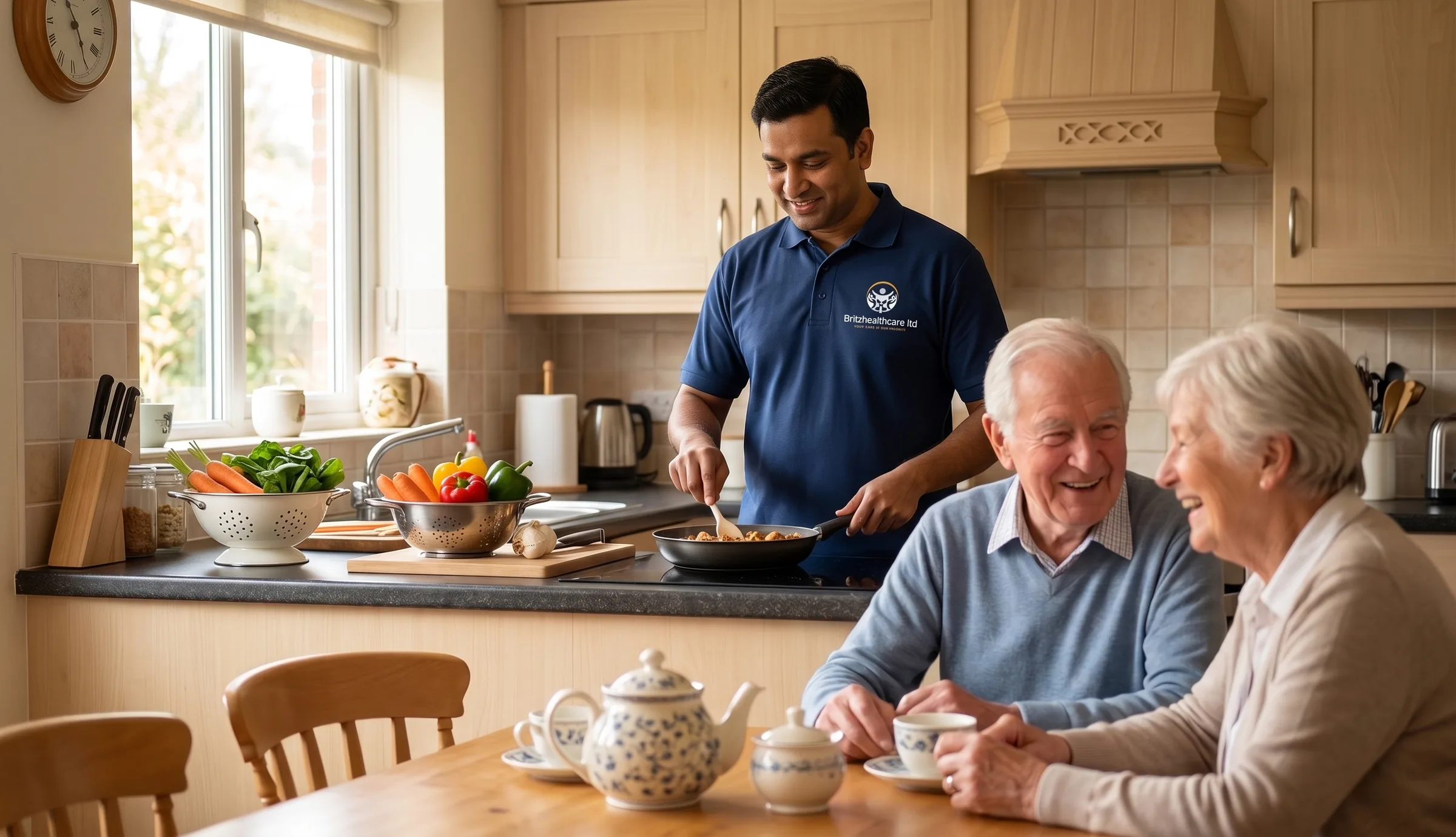 Britz Healthcare live-in carer in navy uniform cooking a meal for an elderly couple at home in Doncaster