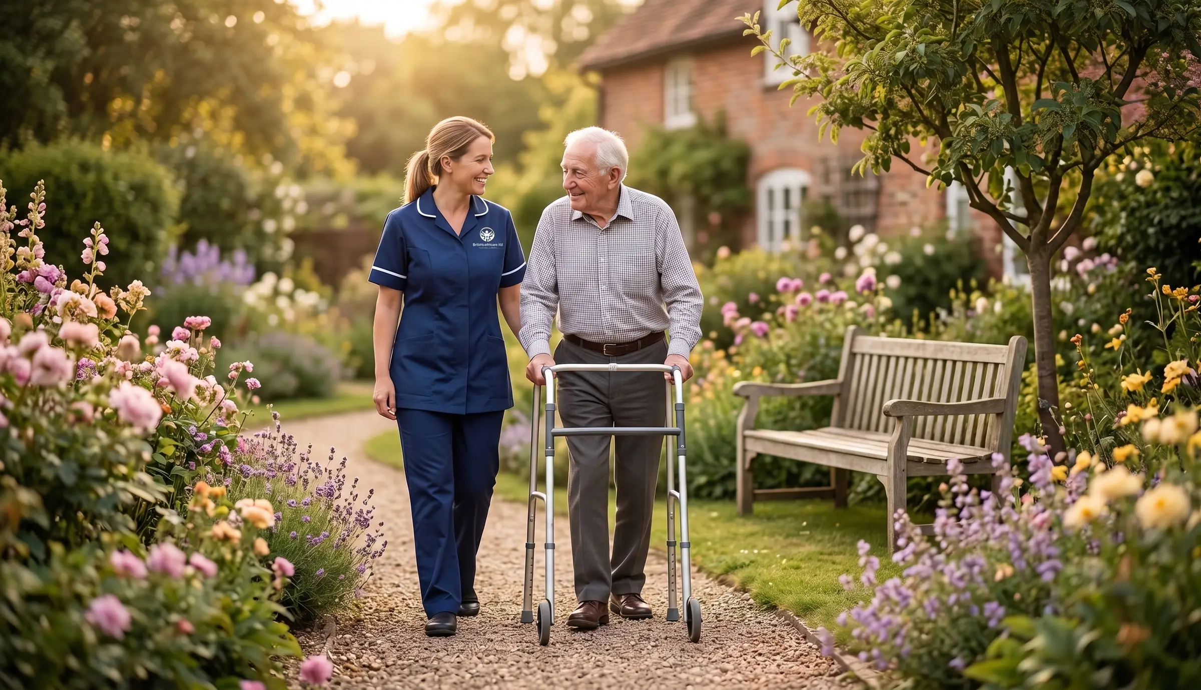 Britz Healthcare live-in carer in navy uniform walking in the garden with an elderly man in Doncaster