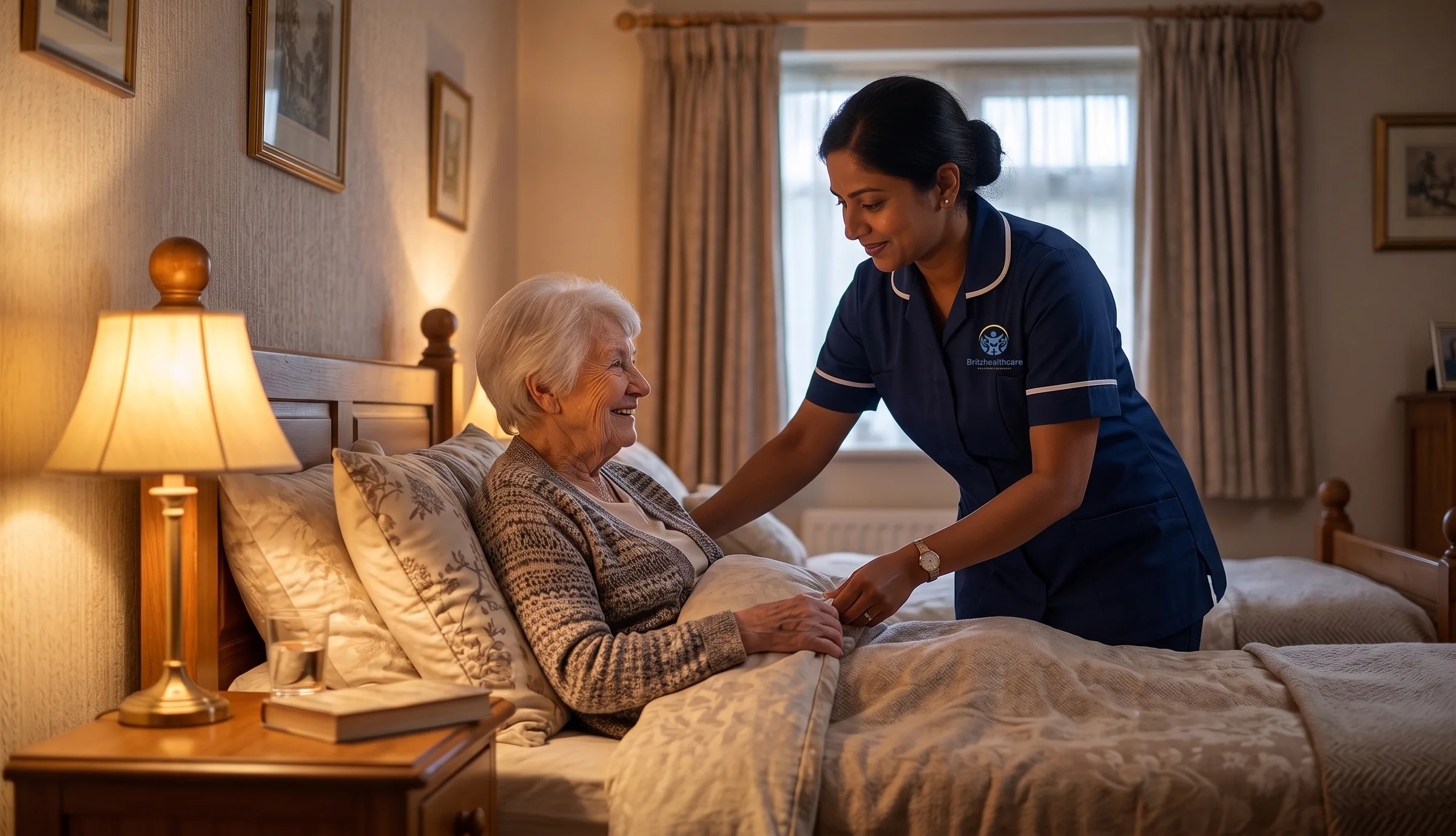 Britz Healthcare carer in navy uniform settling an elderly woman for the night during overnight care in Doncaster