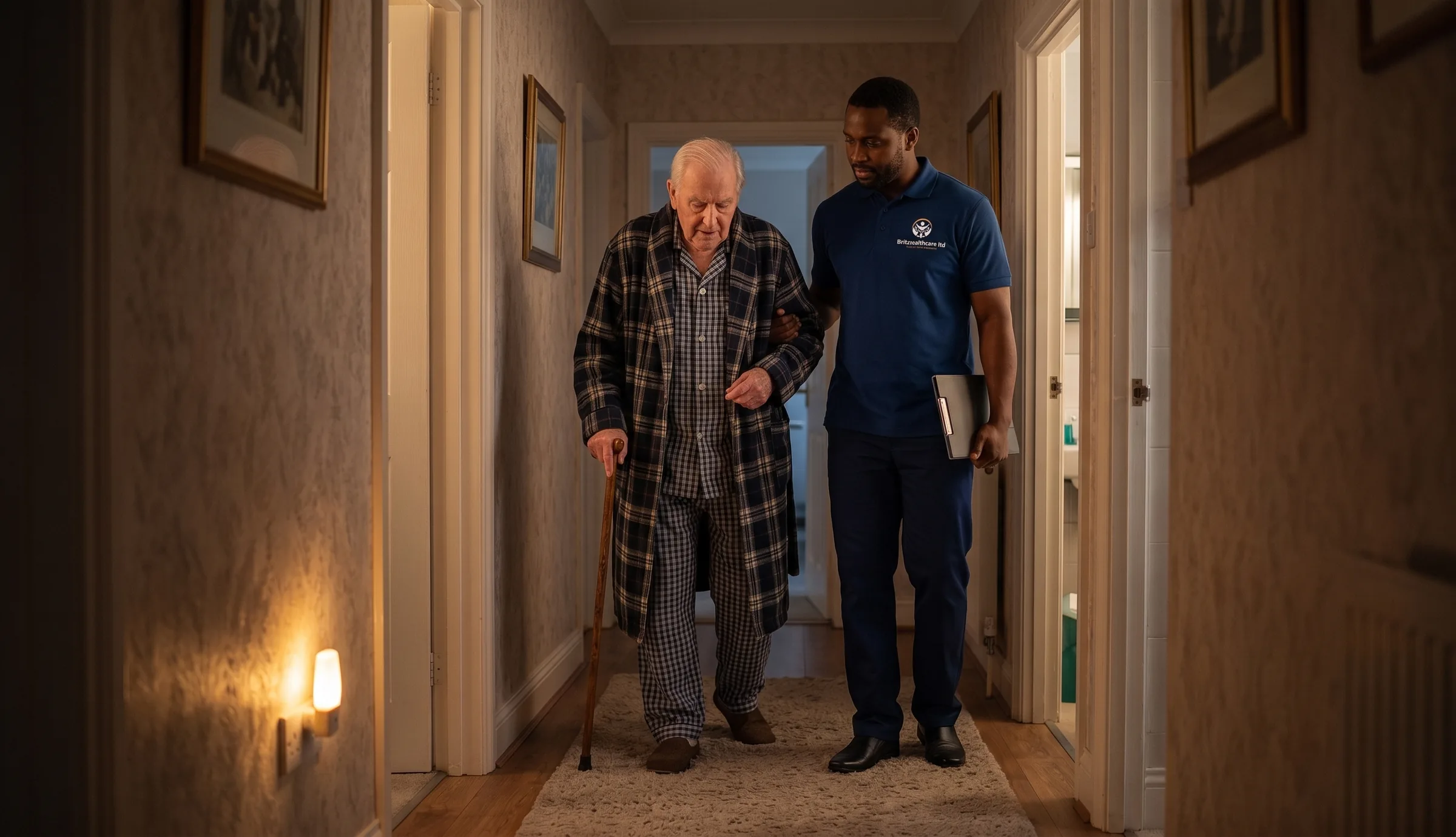 Britz Healthcare carer in navy uniform helping an elderly man walk safely at night during overnight care in Doncaster