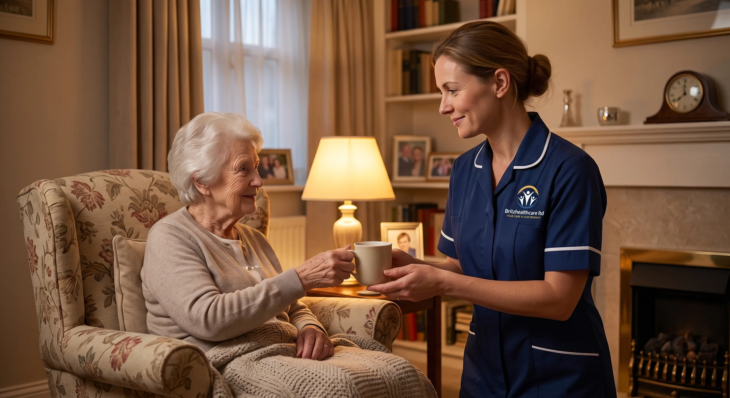 Britz Healthcare carer in navy uniform bringing a warm drink to an elderly woman before bedtime in Doncaster