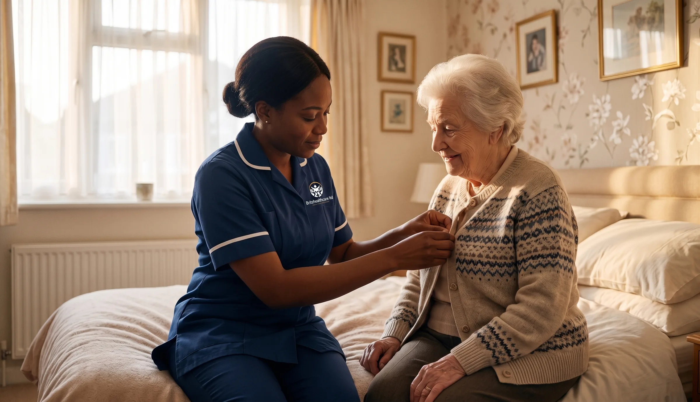 Britz Healthcare carer in navy uniform helping an elderly woman dress during a personal care visit in Doncaster