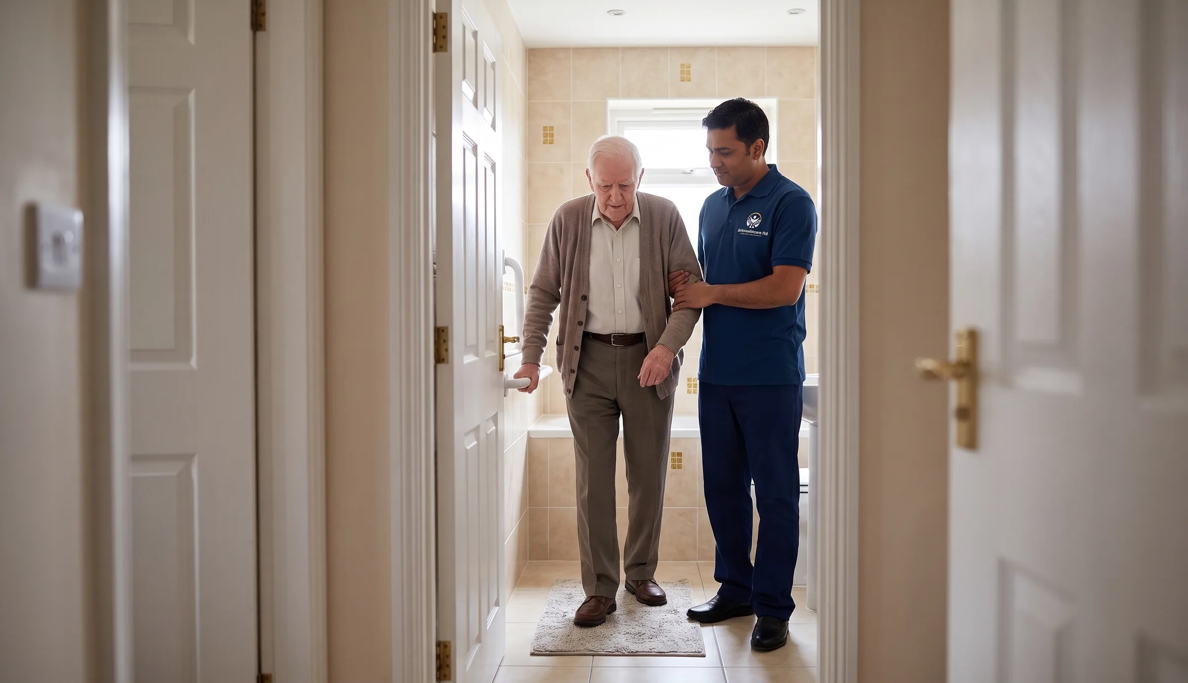 Britz Healthcare carer in navy uniform supporting an elderly man with safe mobility during personal care at home in Doncaster