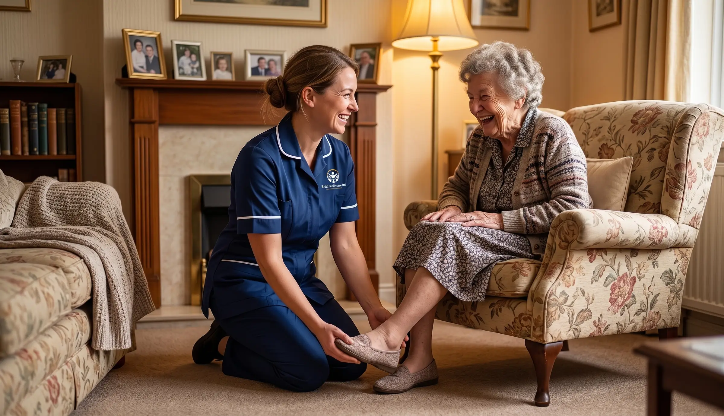 Britz Healthcare carer in navy uniform helping an elderly woman with her slippers during a personal care visit in Doncaster