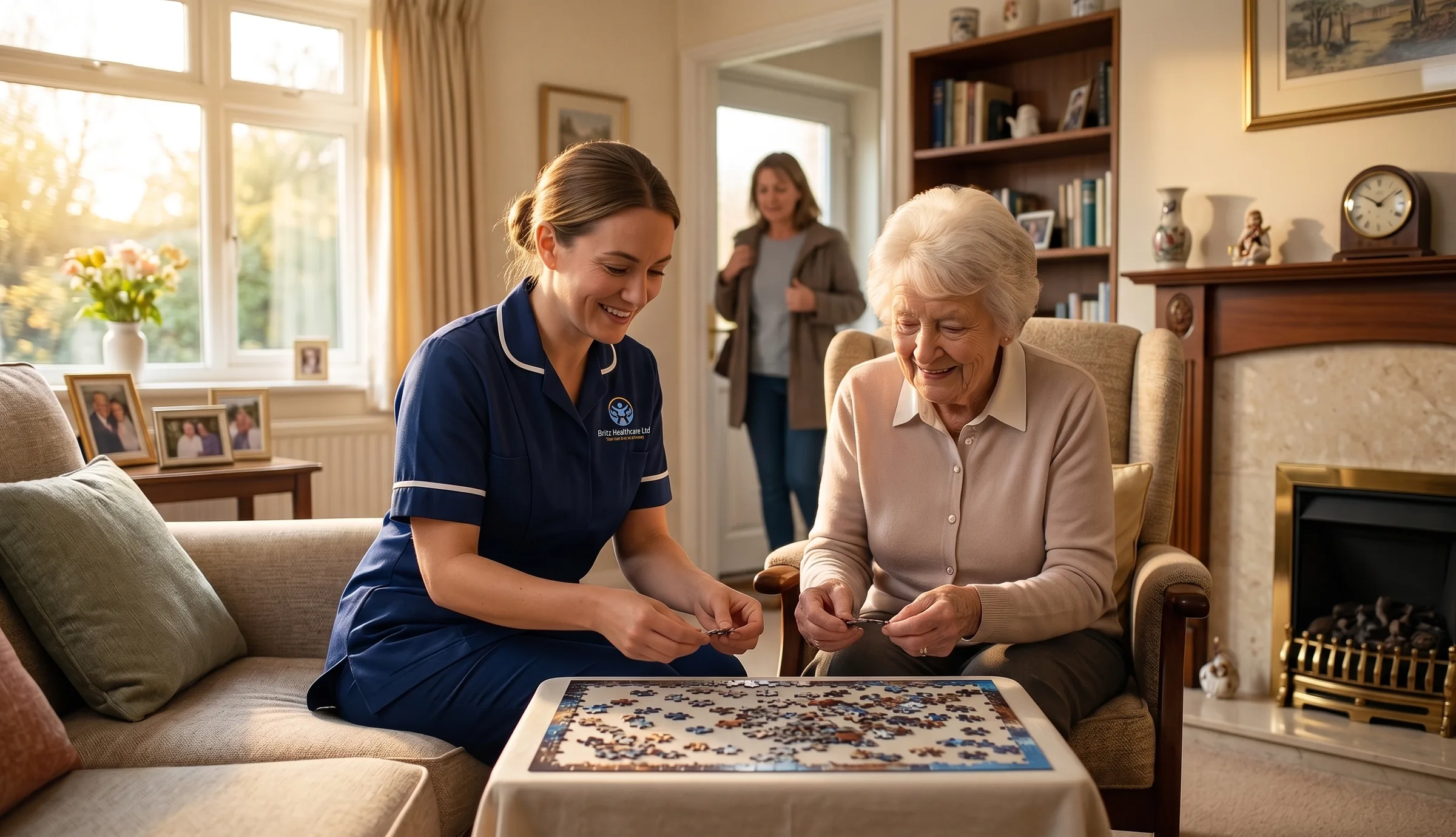 Britz Healthcare carer in navy uniform providing respite care for an elderly woman while a family carer takes a break in Doncaster