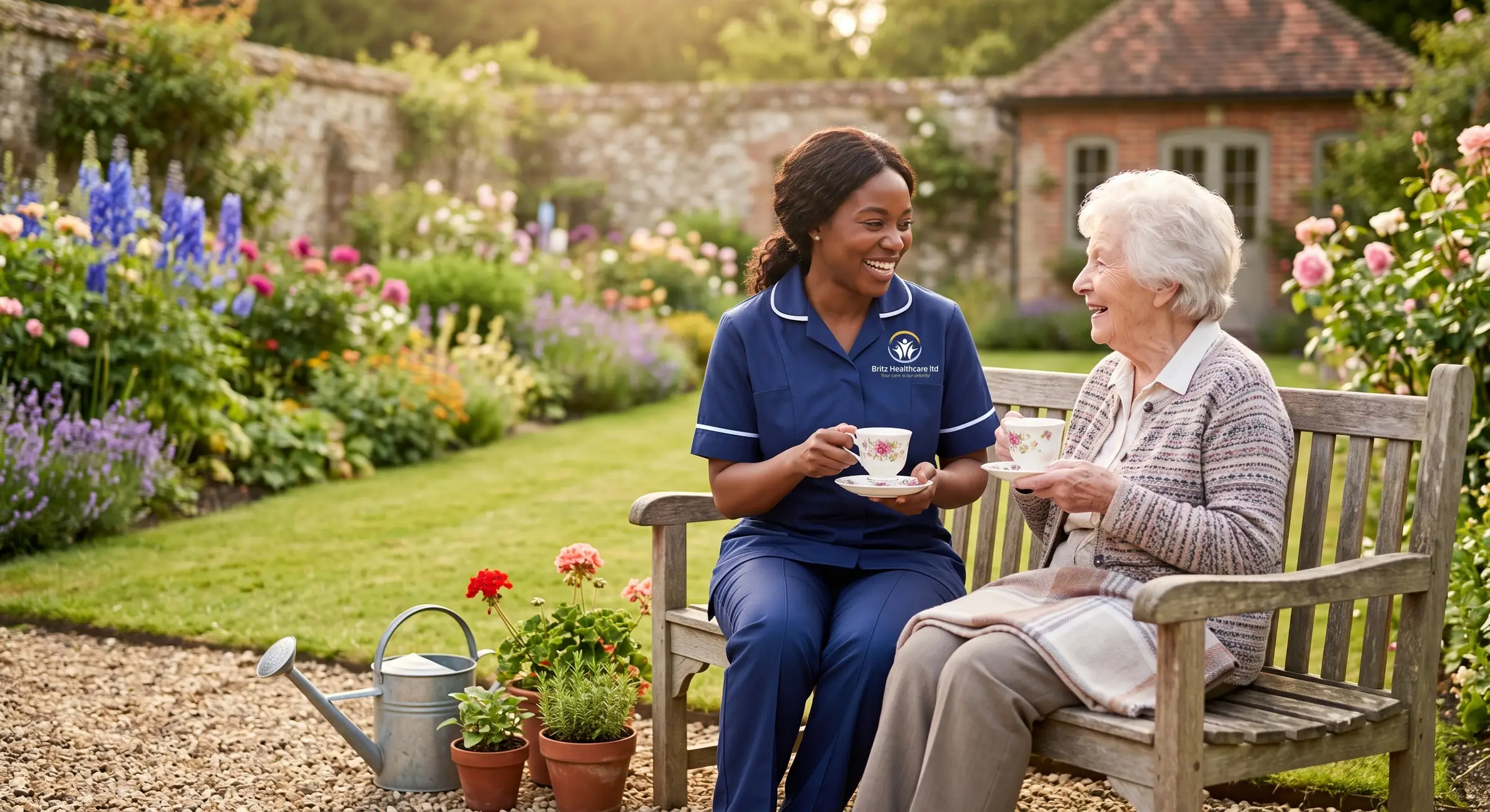 Britz Healthcare respite carer in navy uniform enjoying tea in the garden with an elderly woman in Doncaster