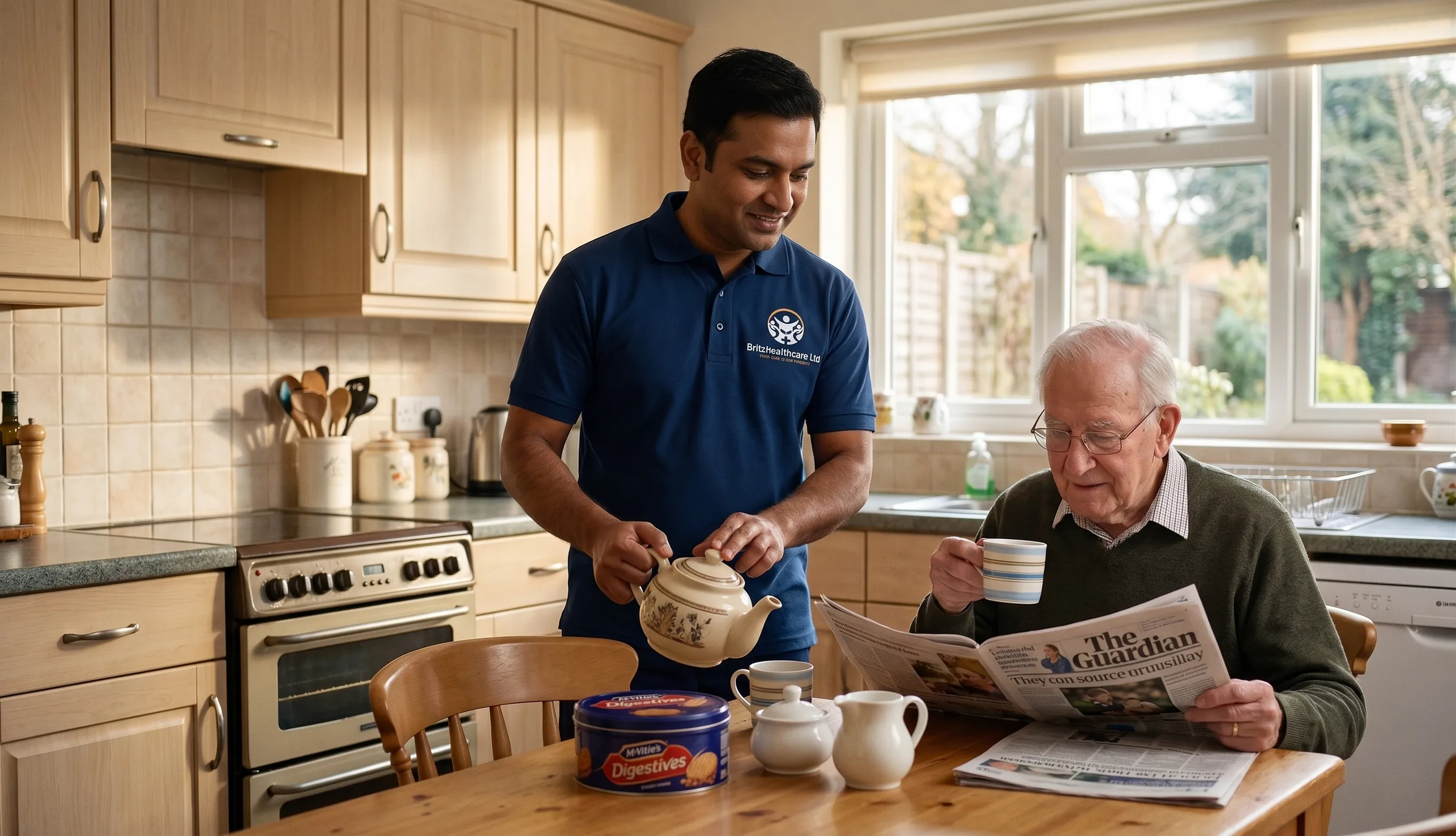 Britz Healthcare respite carer in navy uniform making tea for an elderly man following his usual routine in Doncaster