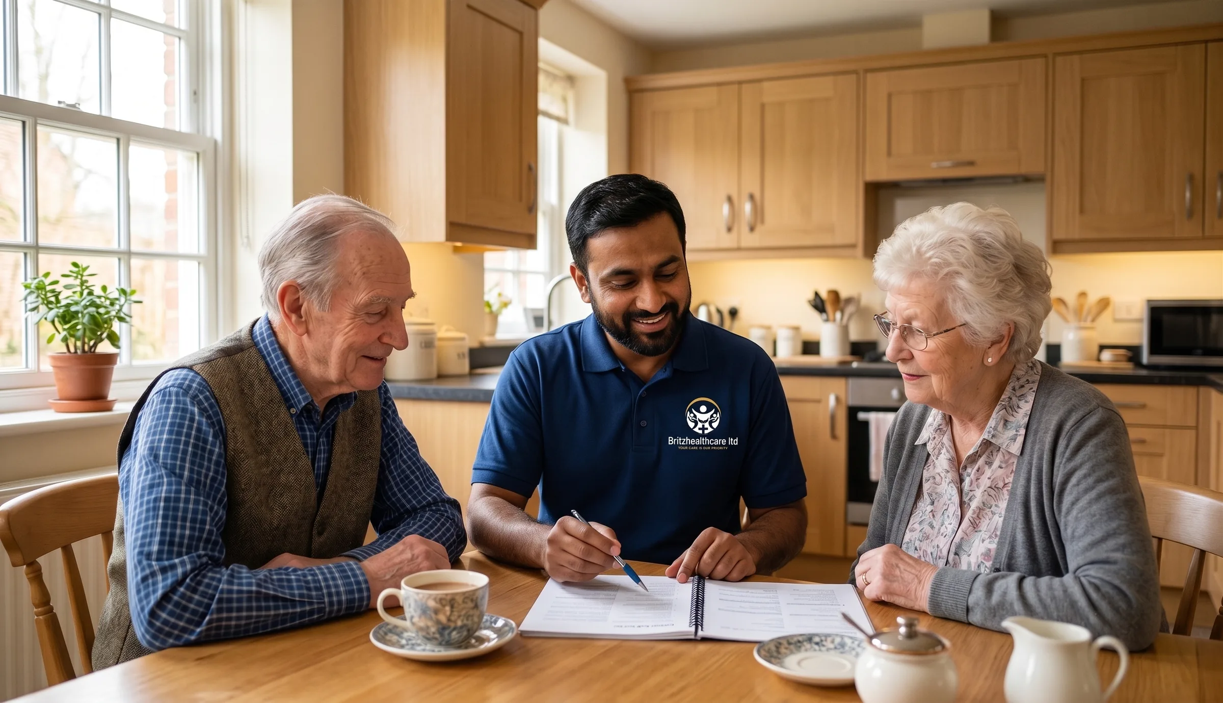 Britz Healthcare carer in navy uniform going through a personalised care plan with an elderly couple in Doncaster