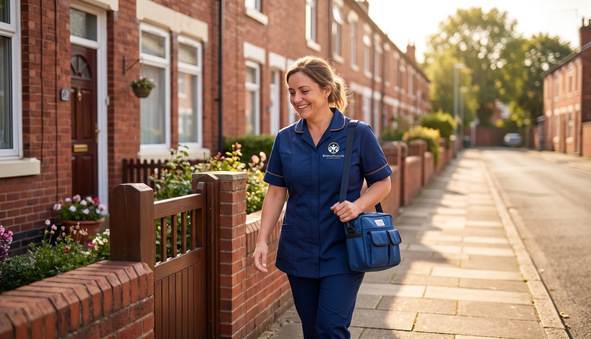 Britz Healthcare carer in navy uniform arriving for a home care visit on a residential street in Doncaster