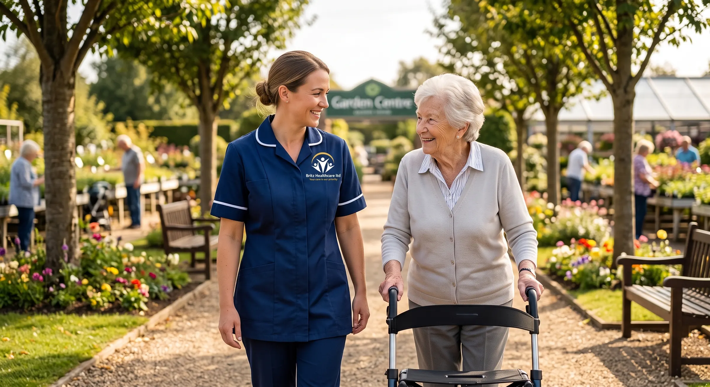 Britz Healthcare carer in navy uniform accompanying an elderly woman on an outing in a Doncaster park