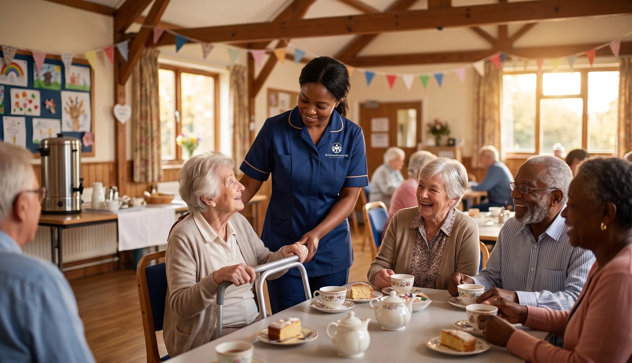 Britz Healthcare carer in navy uniform supporting an elderly woman at a community lunch club in Doncaster