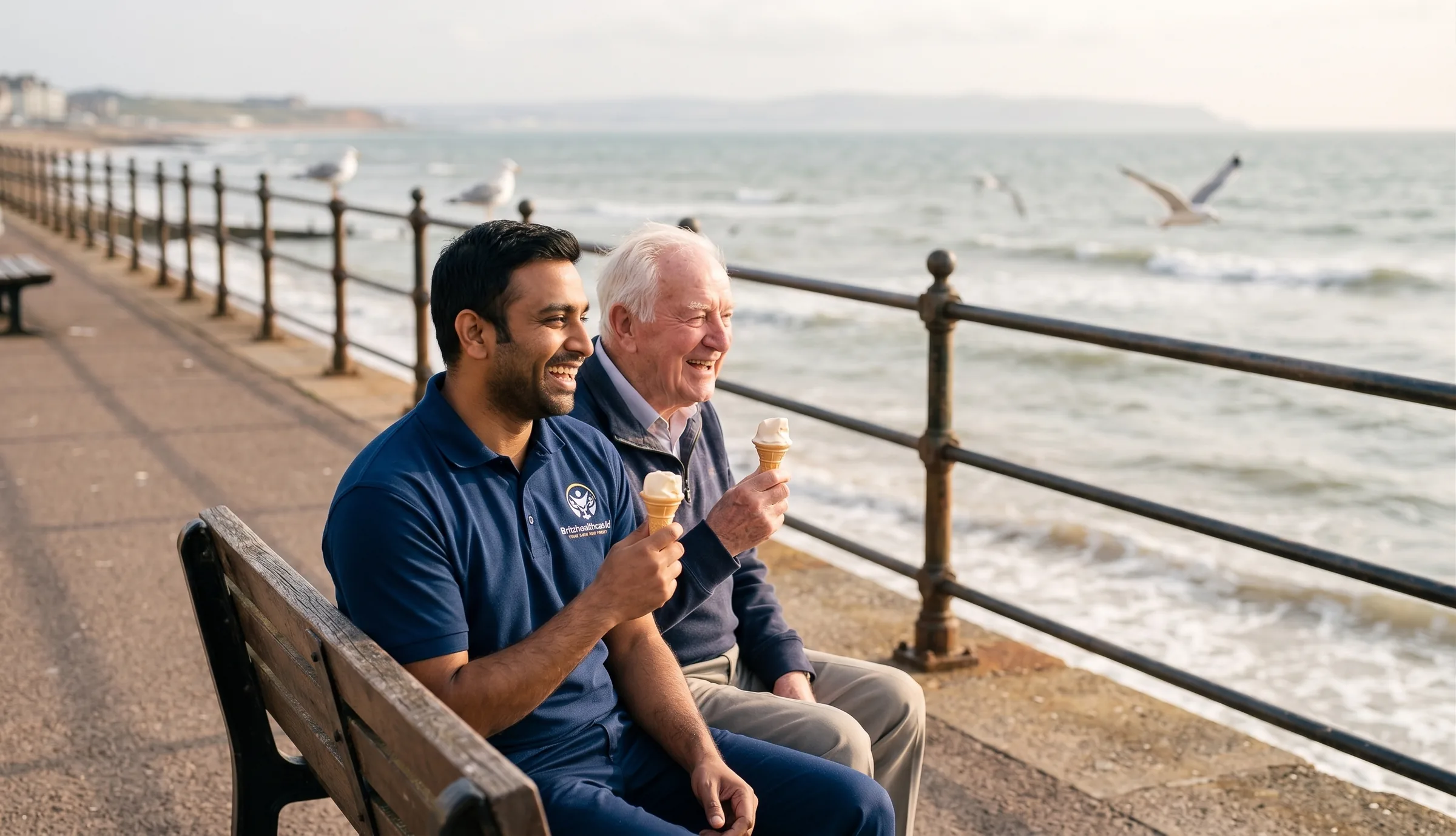 Britz Healthcare carer in navy uniform enjoying a seaside day out with an elderly man during accompanied social support