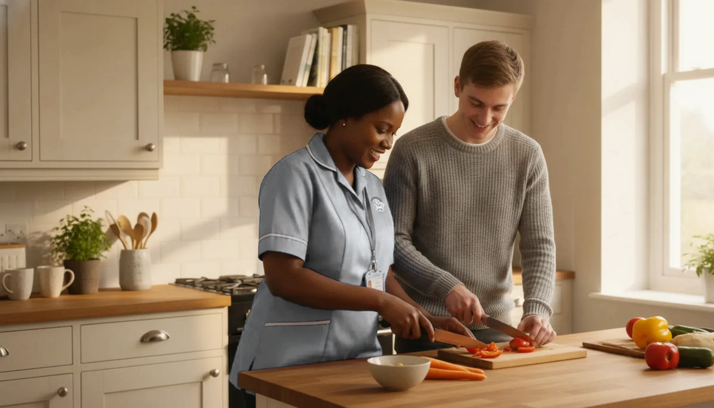 Britz Healthcare support worker in navy uniform helping a young adult prepare a meal during a supported living visit in Doncaster