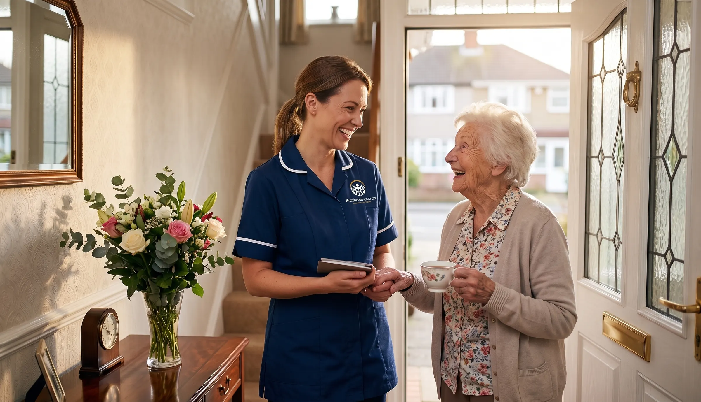 Britz Healthcare carer in navy uniform arriving for a visiting home care call with an elderly woman in Doncaster