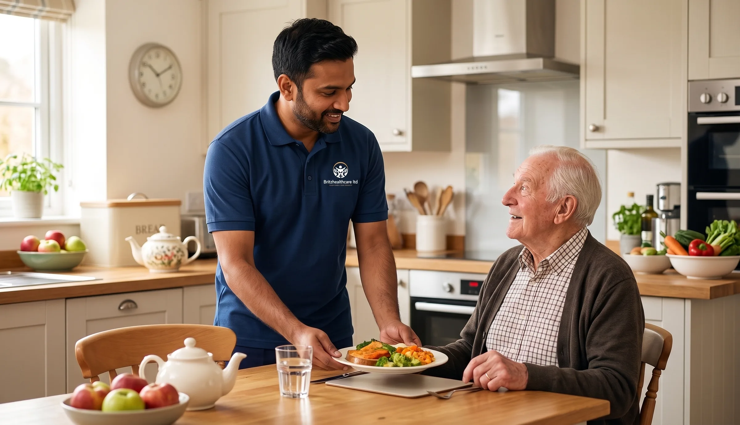 Britz Healthcare carer in navy uniform preparing lunch for an elderly man during a daily home care visit in Doncaster