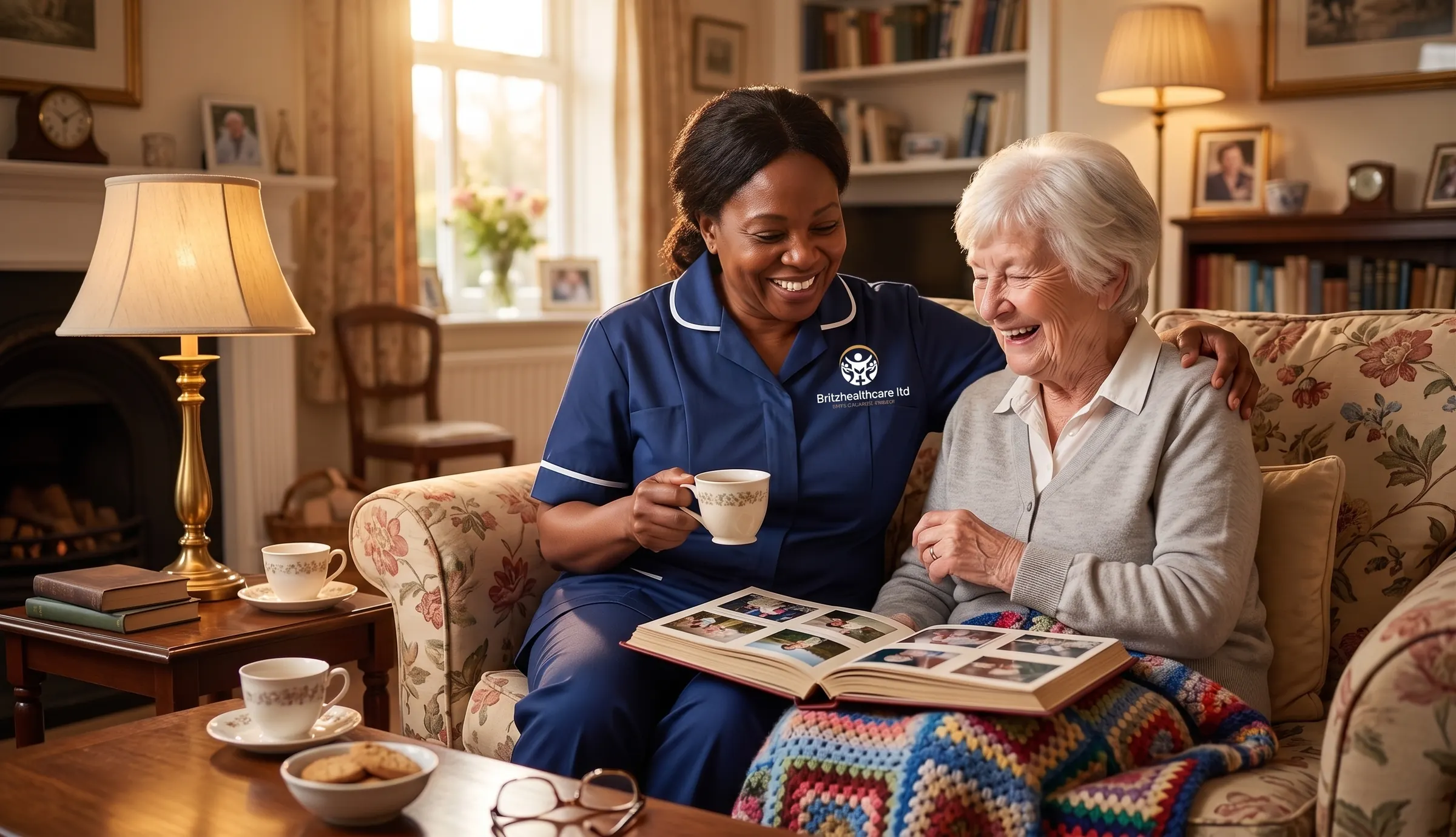 Britz Healthcare carer in navy uniform sharing tea and photographs with an elderly woman during a home care visit in Doncaster